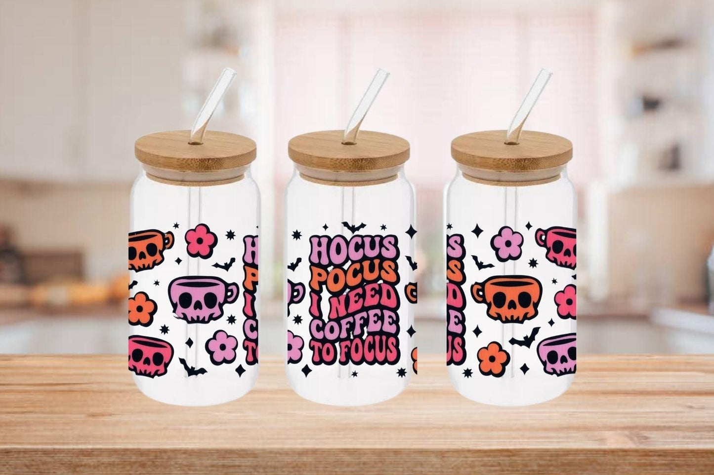 Hocus Pocus Need Coffee To Focus 16oz Libby Glass Tumbler, Hocus Pocus Need Coffee To Focus 16oz UV DTF WRAP - Mya and Kenzie co