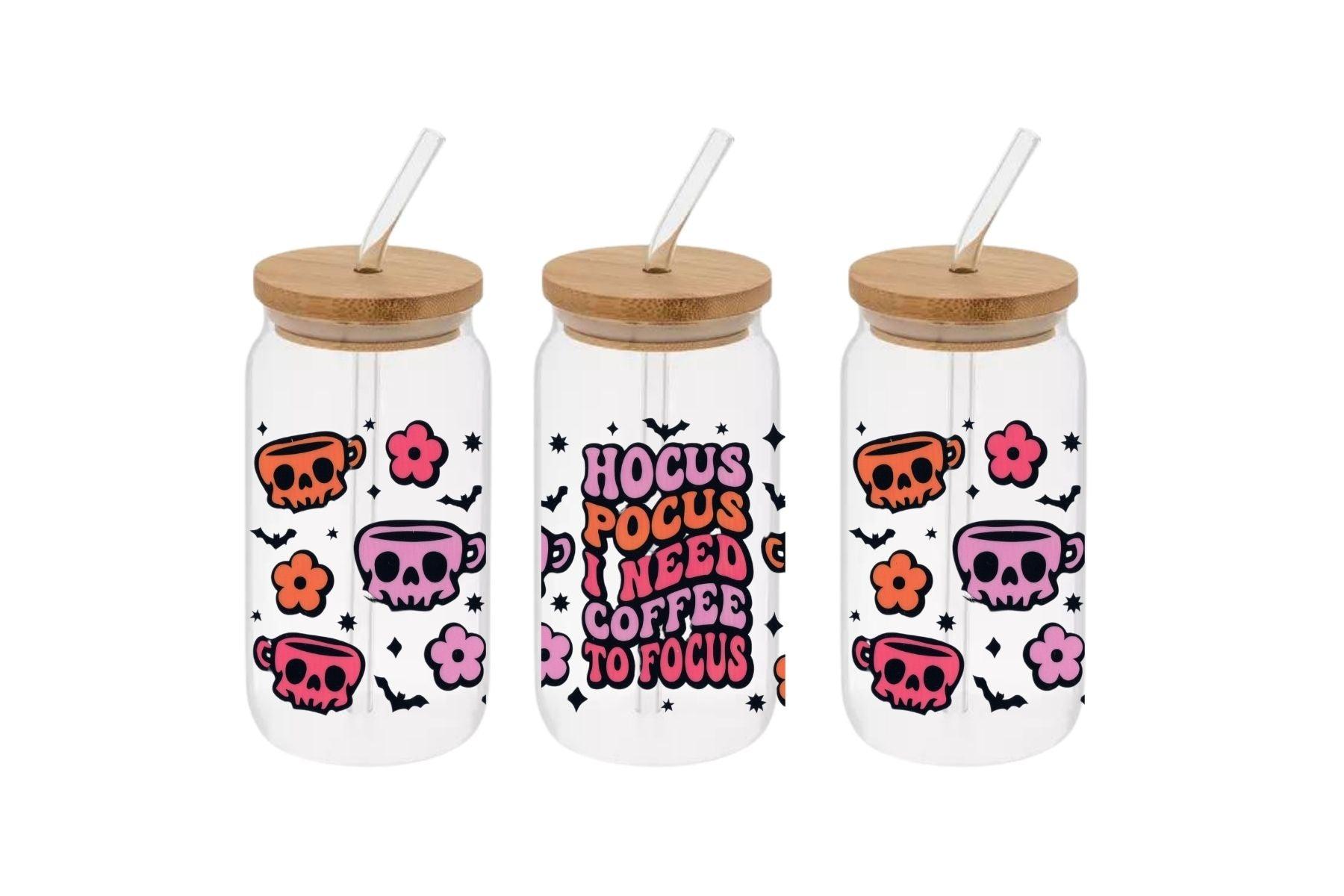 Hocus Pocus Need Coffee To Focus 16oz Libby Glass Tumbler, Hocus Pocus Need Coffee To Focus 16oz UV DTF WRAP - Mya and Kenzie co