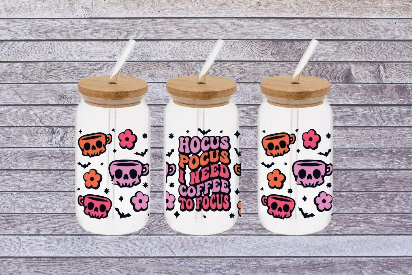 Hocus Pocus Need Coffee To Focus 16oz Libby Glass Tumbler, Hocus Pocus Need Coffee To Focus 16oz UV DTF WRAP - Mya and Kenzie co