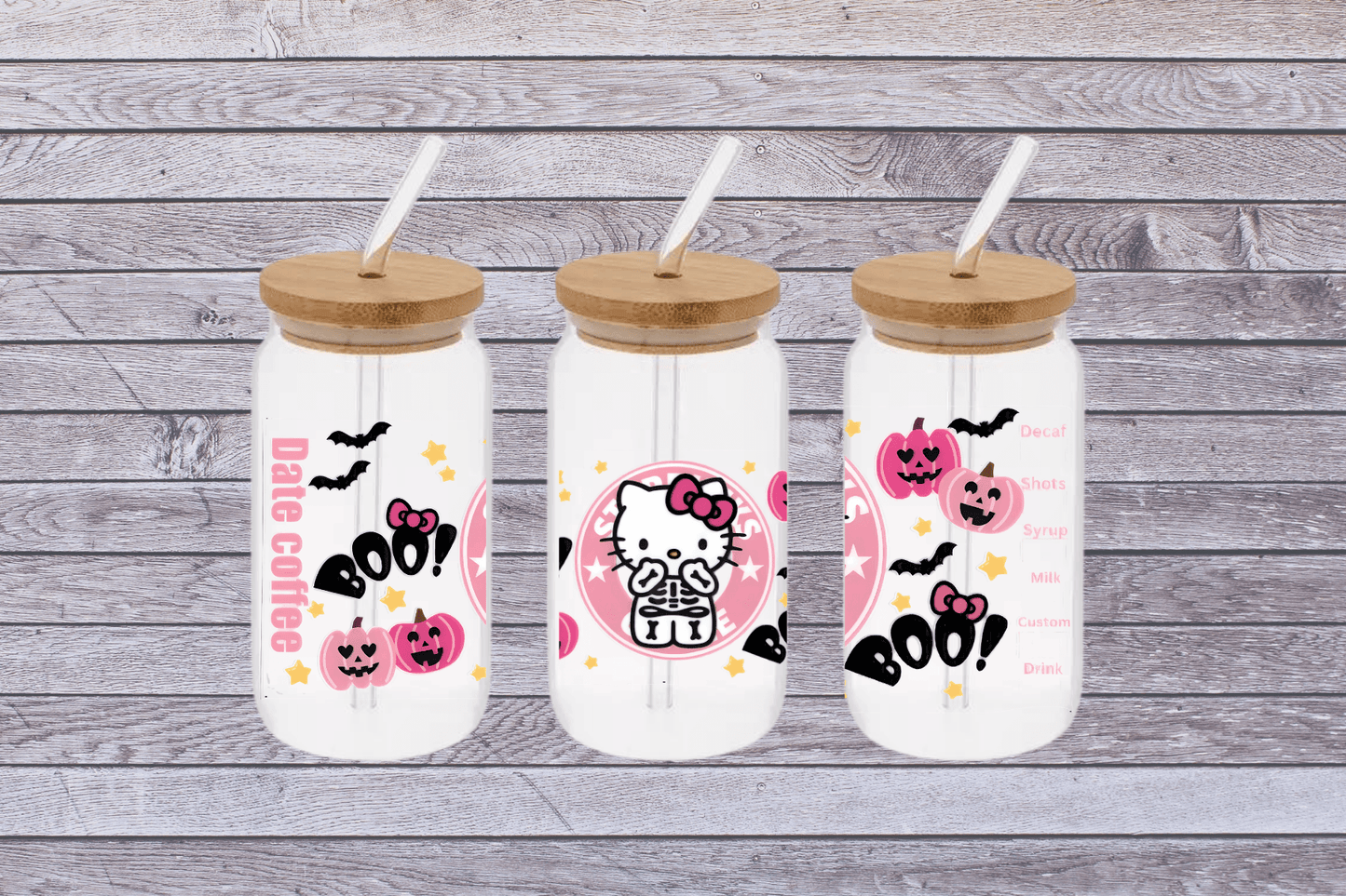 Hello Kitty Skeleton Starbucks Cup, Hello Kitty Skeleton Starbucks 16oz Libby Cup, Hello Kitty Skeleton Starbucks 16oz Libby Cup UV Wrap - Mya and Kenzie co