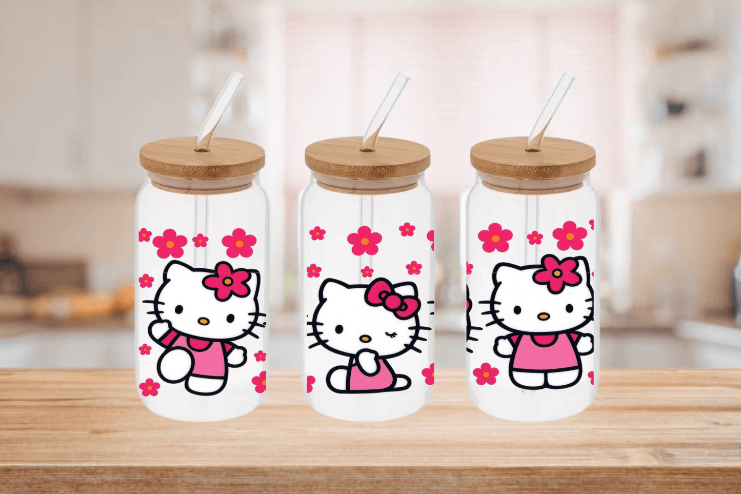 Hello Kitty Pink 16oz Libby Glass Tumbler, Hello Kitty Pink Hello Kitty Pink 16oz UV DTF WRAP - Mya and Kenzie co