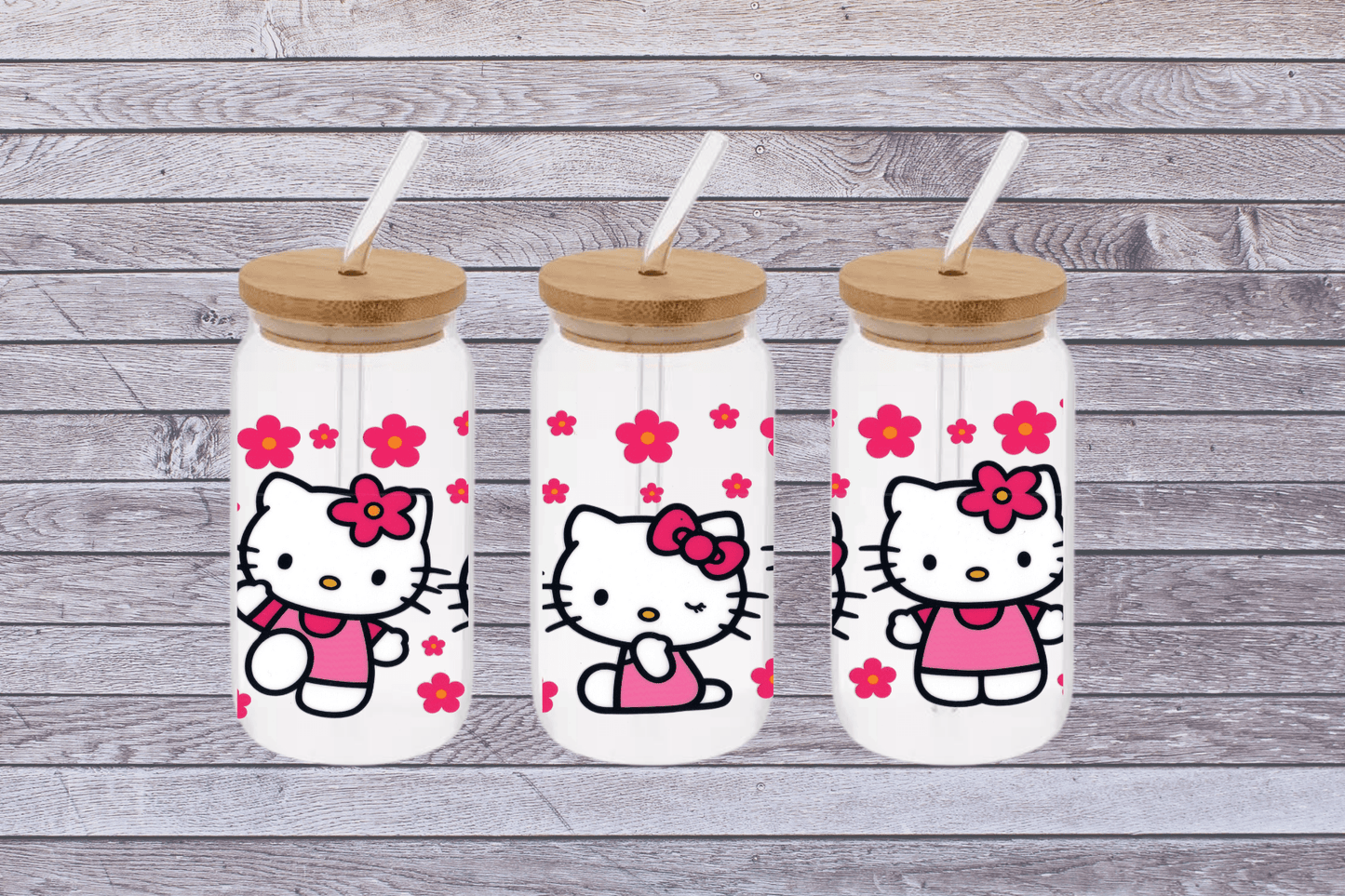 Hello Kitty Pink 16oz Libby Glass Tumbler, Hello Kitty Pink Hello Kitty Pink 16oz UV DTF WRAP - Mya and Kenzie co