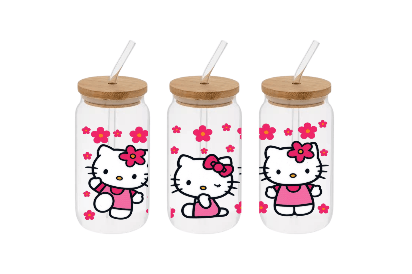 Hello Kitty Pink 16oz Libby Glass Tumbler, Hello Kitty Pink Hello Kitty Pink 16oz UV DTF WRAP - Mya and Kenzie co