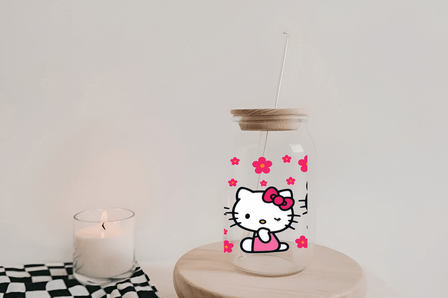 Hello Kitty Pink 16oz Libby Glass Tumbler, Hello Kitty Pink Hello Kitty Pink 16oz UV DTF WRAP - Mya and Kenzie co