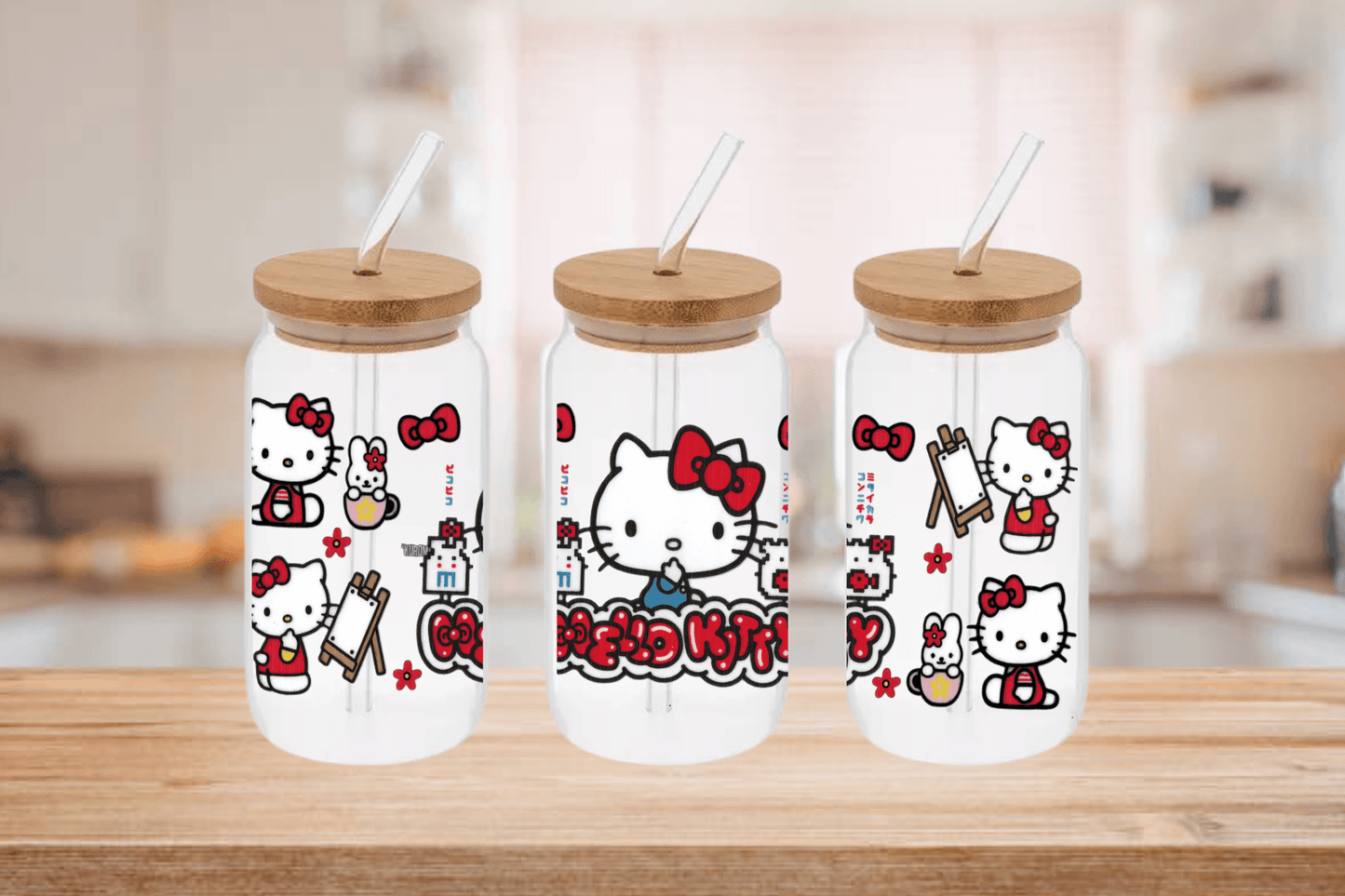 Hello Kitty Sanrio 16oz Libby Glass Tumbler, Hello Kitty Sanrio16oz UV DTF WRAP - Mya and Kenzie co