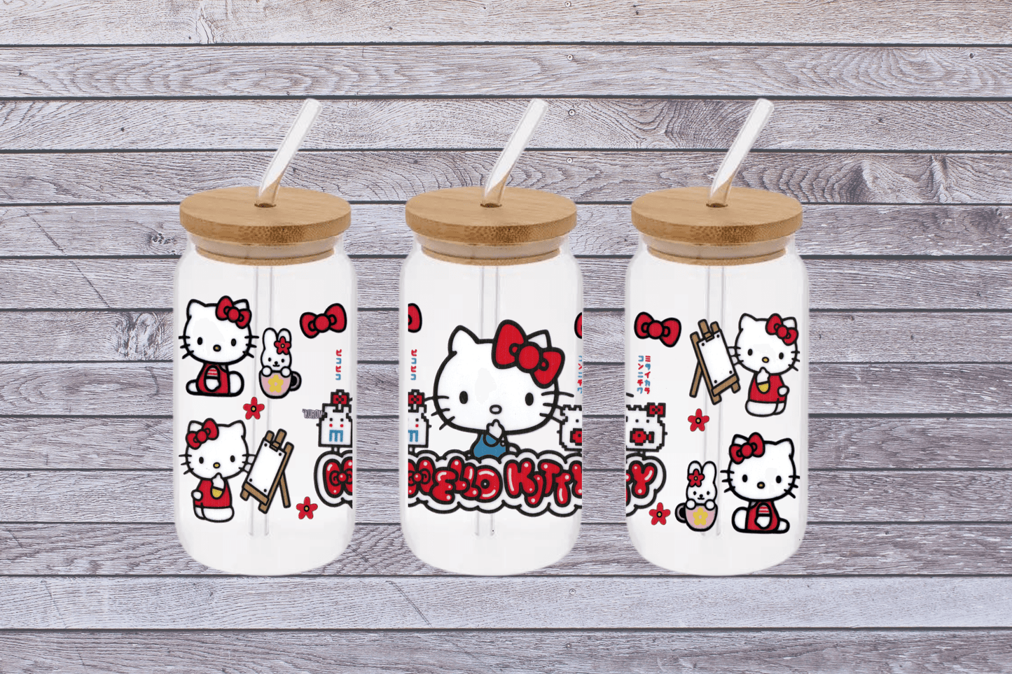 Hello Kitty Sanrio 16oz Libby Glass Tumbler, Hello Kitty Sanrio16oz UV DTF WRAP - Mya and Kenzie co