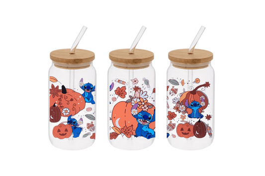 Stitch Fall Pumpkin 16oz Libby Tumbler, Stitch Fall Pumpkin Cup, Stitch Fall Pumpkin 16oz Libby Cup, Stitch Fall Pumpkin 16oz Libby Cup UV DTF Wrap - Mya and Kenzie co