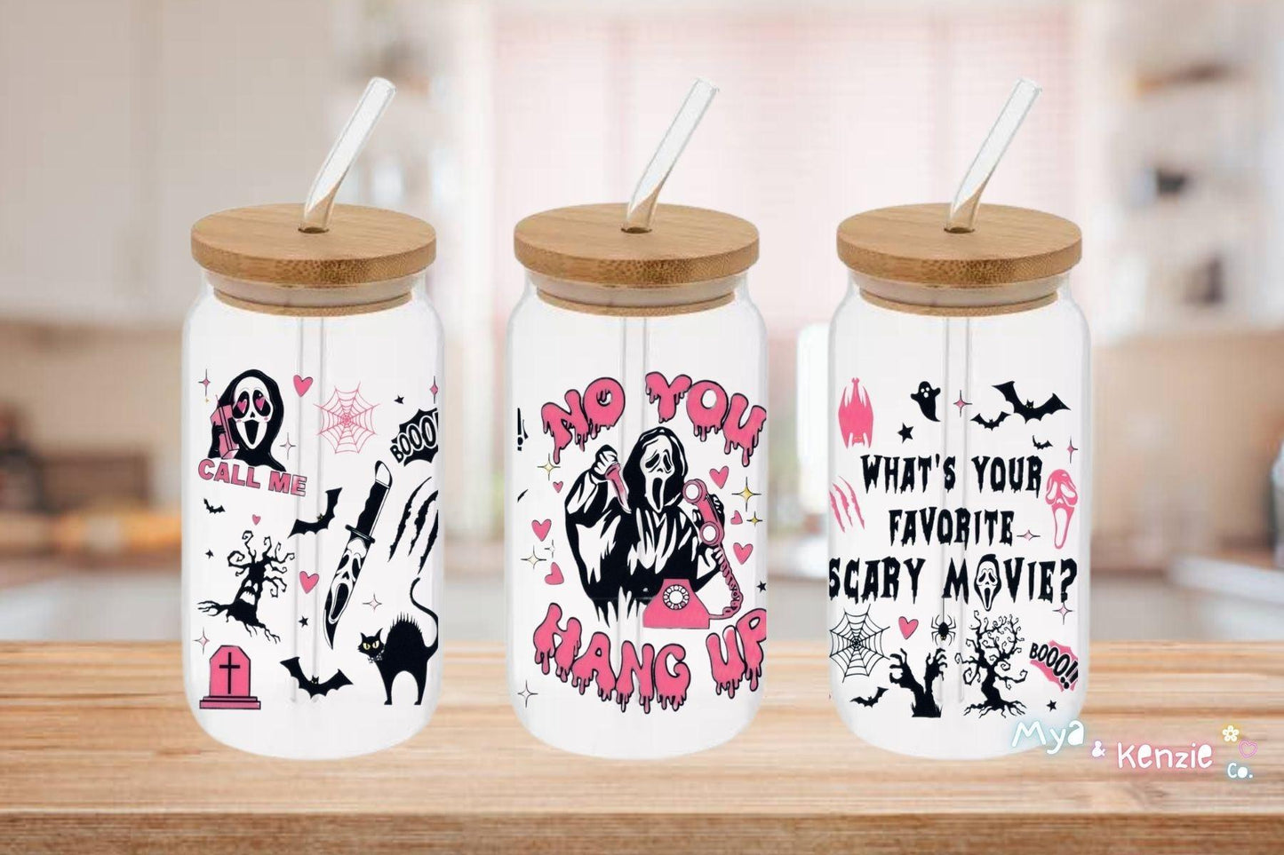 Scream 16oz Libby Cup and Black Design with "No You hang up" Famous Movie Quote"  