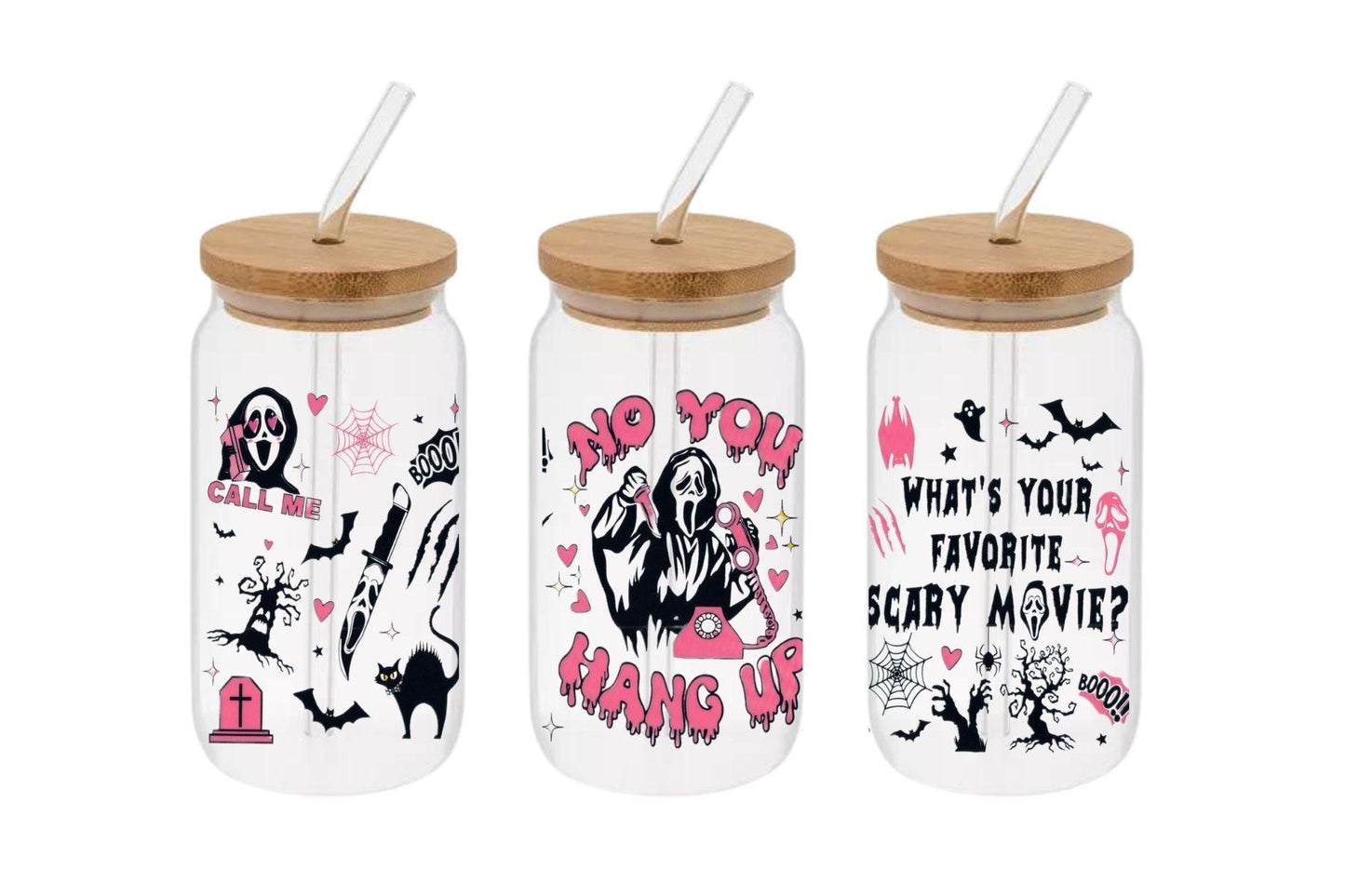 Scream 16oz Libby Cup , Pink and Black Design with "No You hang up" Famous Movie Quote"  