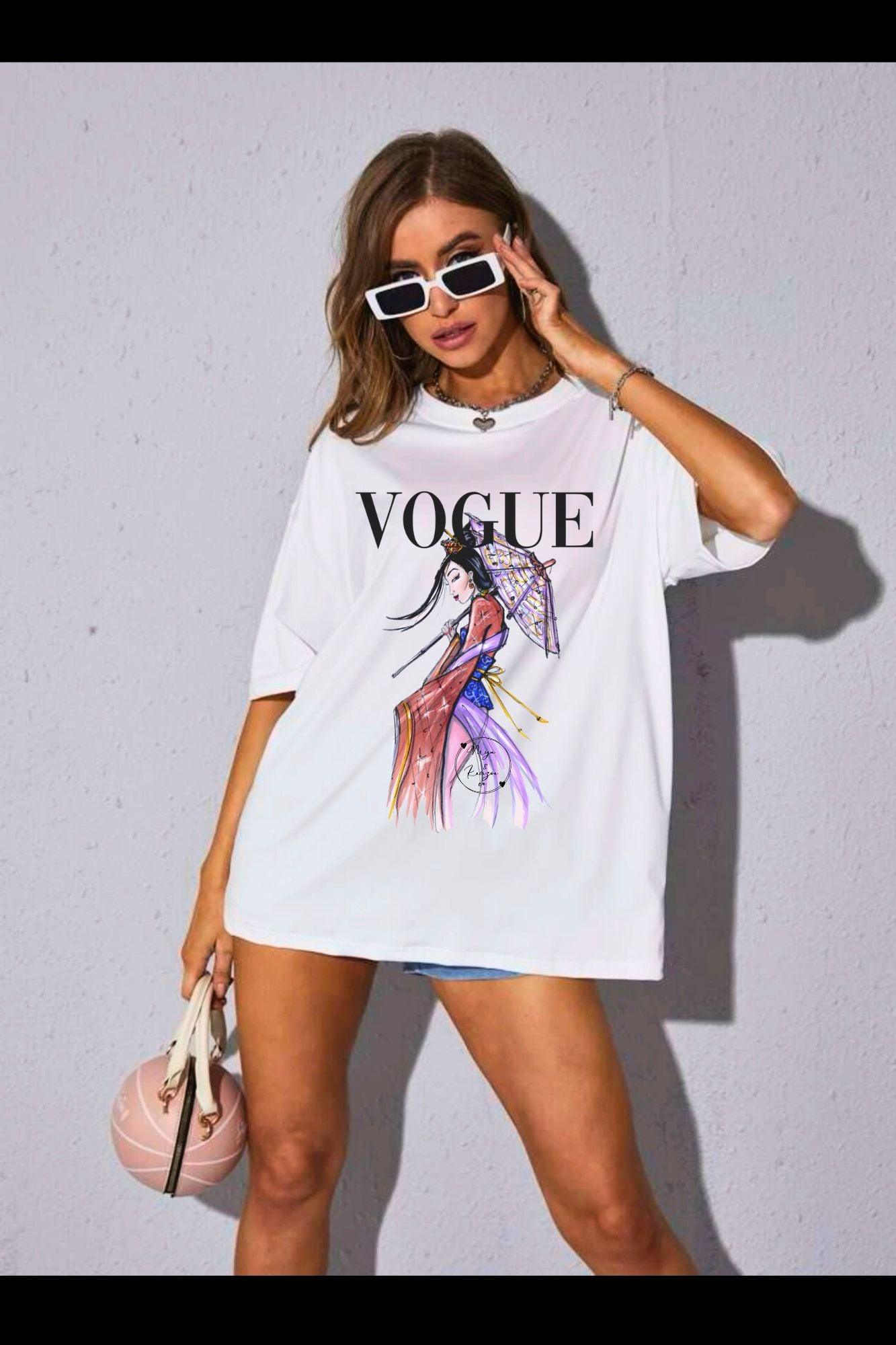 the Vogue Mulan Disney Princess Luxury Fashion T-shirt has a unique Watercolor elegant design with the Iconic Bold Black Vogue Logo. Putting a twist on both Disney and fashion. Elegant Enough to Wear to the office or Wear for your everyday outings, White Soft poly Blend Cotton for any occasion. 